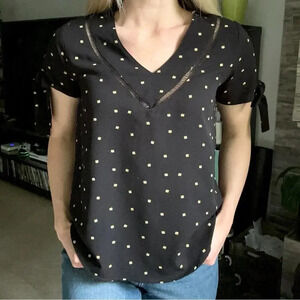 Anthropologie MINE Black Tie Short Sleeve Blouse Top Small